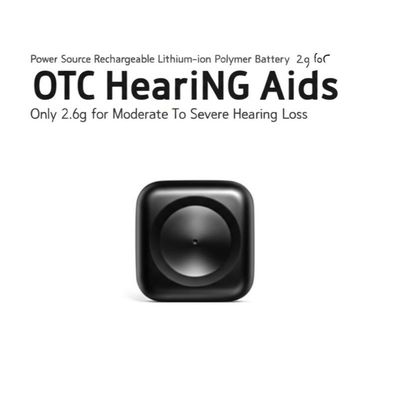 Fonte de energia: bateria de polímero de íon de lítio recarregável. Aparelhos auditivos OTC apenas. 2,6g para perda auditiva moderada a severa